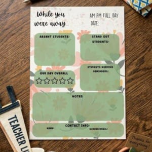 Op de afbeelding: Een lerarenbureau met een dagelijks rapportblad "While you were away", een "Teacher Life" wimpel, een mok, een bril, een pen, een notitieboek en een vetplant. Het blad heeft secties voor aantekeningen.