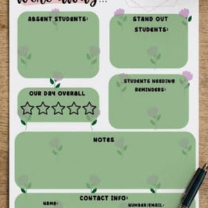 Op de afbeelding: Een wit papier met de tekst "While you were away..." en secties voor notities. Bevat secties voor afwezige leerlingen, opvallende leerlingen en herinneringen. Een pen ligt op het houten oppervlak.