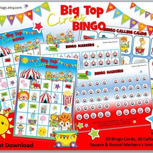 Circus Bingo Game - Big Top - Carnival- Printable - Party Game - Picture Bingo