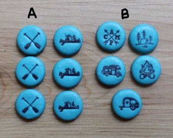 Unique Handmade Camping and Canoe Theme Buttons: Camper, Trailer, Tent, Campfire, Paddles, Canoe