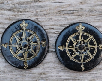 Compass Buttons, 1 5/8" black and gold button, blue and gold, grey and gold, graphite,