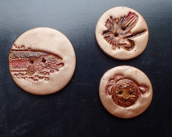 Unique Handmade Fly Fishing Polymer Clay Button Sets/Embellishments: Trout, reel, & fishing fly designs