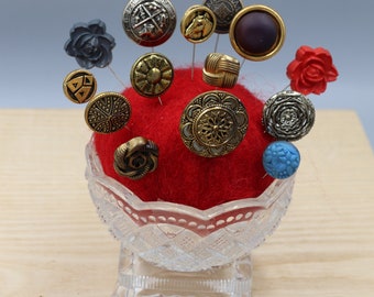 Small Handmade Red Felted Wool Pin Cushion in Antique Bowl with Antique Button Pins