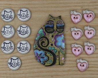 Handmade Cat Buttons, Love Cats Polymer Clay Buttons