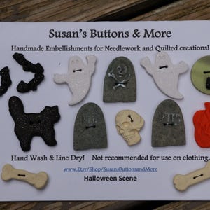 Halloween Embellishments: Witch, cats, bats, ghosts,  witches hats, owl, moon, grave stones, glow in the dark