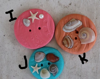 Unique Handmade Ocean theme Buttons Made with Real Shells ,Sand, & Clay for Beach Bags, Baskets, Home Decor, and more