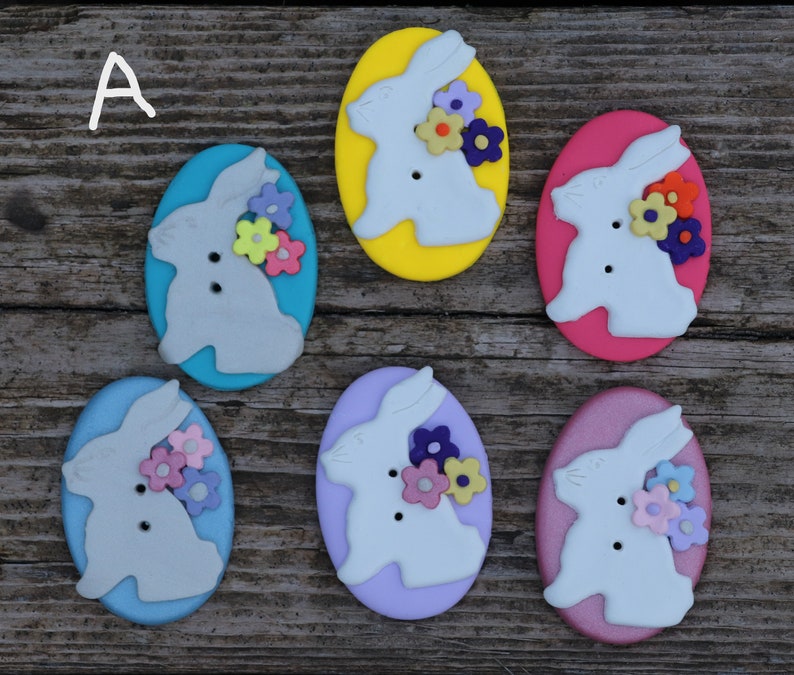 Rabbit buttons, Rabbits in white, tan, taupe, chocolate, bunny with flowers, easter bunnies, bunny embellishments image 2