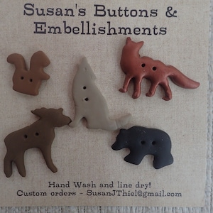 Woodland Animal & Tree Embellishment Buttons: Moose, Coyote, Fox, Bunnies, Bears, Loons, Squirrels, Birds, trees