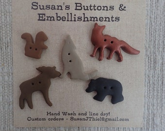 Woodland Animal & Tree Embellishment Buttons: Moose, Coyote, Fox, Bunnies, Bears, Loons, Squirrels, Birds, trees