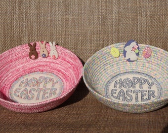 Handmade Easter Baskets - small varigated pink round basket with Happy Easter and bunny embellishments