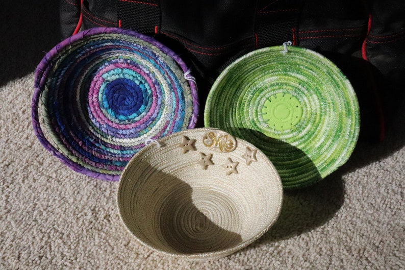 shell decor green recycle purple unique storage red ribbon basket black Hand Sewn Rope Baskets with Clay Disc Bottom- KeyCoin valet
