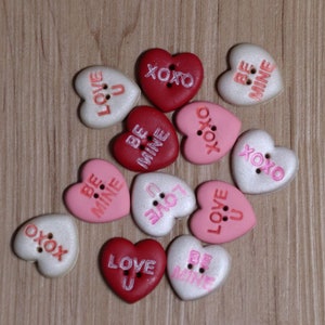 3/4" Conversation Heart Buttons, Handmade Polymer Clay Button Sets: Love, valentines, sweaters, pink. white,