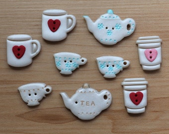 Unique Handmade Coffee and Tea Buttons & Embellishments, Tea Pot and Tea Cups, Coffee cups, Coffee mug, Love Coffee, Love Latte