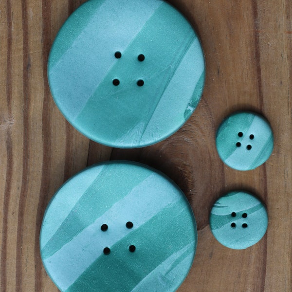 Large Cupped 2" Sage and Mint Green Handmade Polymer Clay Buttons with Coordinating Pair of Coordinating 3/4" Buttons