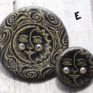 Unique Celestial Sun/ Moon Buttons Polymer Clay Buttons in blue, black, silver, gold, copper,