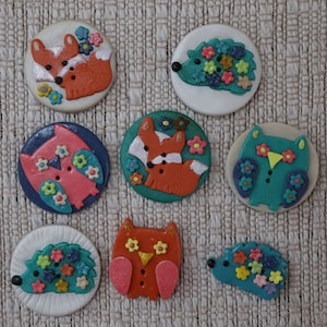 Playful Polymer Clay Animal Buttons: Bright Colored Fox, Hedgehog, and Owl Decorated with Flowers, Children&#39;s Buttons, Fun Buttons, Spring