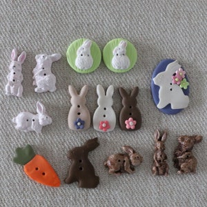 Rabbit buttons, Rabbits in white, tan, taupe, chocolate, bunny with flowers, easter bunnies, bunny embellishments image 1