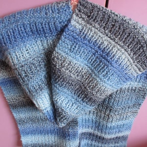 hand knitted, in shades of blue, chunky soft scarf