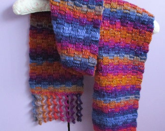 Brightly coloured scarf - hand crochet - basket weave pattern