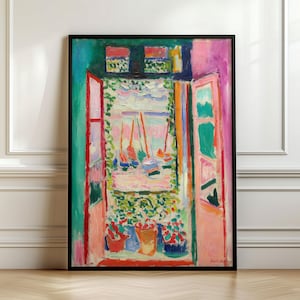 May include: A framed art print featuring an oil painting of an open window looking out onto a harbor with sailboats. The scene is rendered in vibrant, expressive brushstrokes of pink, green, blue, and orange, with potted plants on the sill.