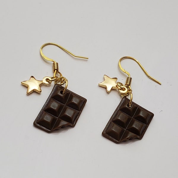 Cute Kawaii Sweet Bittersweet Lolita Fashion Gold Star Chocolate Bar Earrings