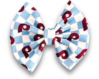 PHILLIES CHECKER BOWS Powder Blue| Philadelphia Phillies Throwback Inspired  Print | Infant/Toddler/Girl's Hair Bows