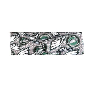 May include: A silver and green glitter headband with a repeating pattern of the Philadelphia Eagles logo. The logo features a green eagle head with the words "Philadelphia Eagles" in a circle around it.