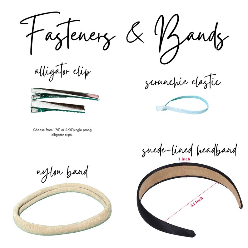 Kasey Makes bows can be fastened in a variety of styles.  Here are photographs of each type of fastener and band that you can choose from when selecting your Kasey Makes bow!
