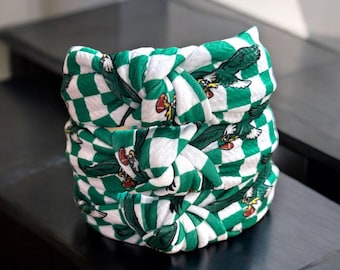 Phl Eagles Inspired Headband | Kelly Green Checker & Retro Bird Print | Knotted Headband for Adults, Kids | Mommy and Me Match