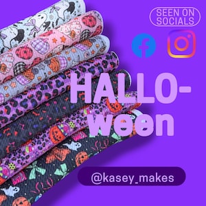May include: A stack of six rolled sheets of textured faux leather fabric featuring various Halloween-themed patterns including ghosts, pumpkins, cupcakes, and leopard print in shades of purple, orange, black, and white, with social media text overlays.