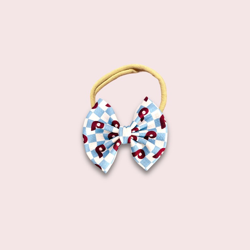POWDER BLUE CHECK PRINT BOW ON INFANT NYLON