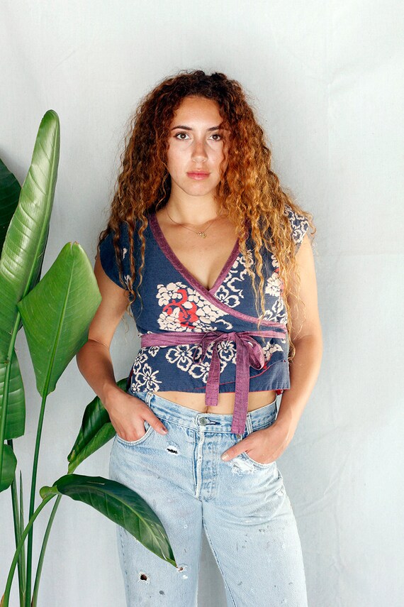 Vintage 70s Ethnic Indigo Wrap top / 70s Ethnic To