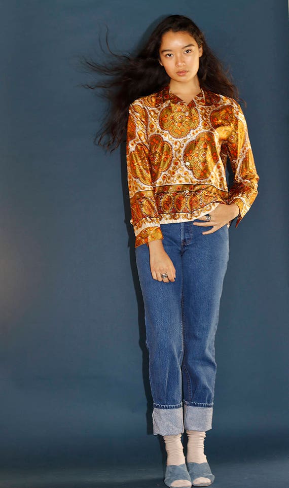 Vintage 60's 50's Golden Autumn Paisley Silk Blous