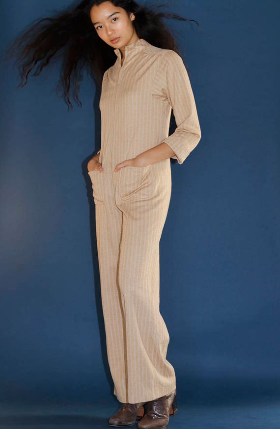 Vintage 70's Striped Minimalist Zip Front Camel Ju