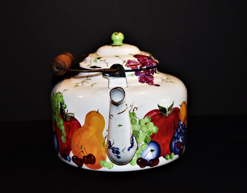Pears Cherries Vintage Country Folk Art Kitchenware Plums Enamel Teapot with Hand Painted Fruit Country Enamelware Grapes Apples