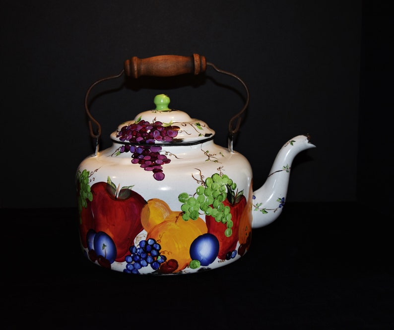 Pears Cherries Vintage Country Folk Art Kitchenware Plums Enamel Teapot with Hand Painted Fruit Country Enamelware Grapes Apples