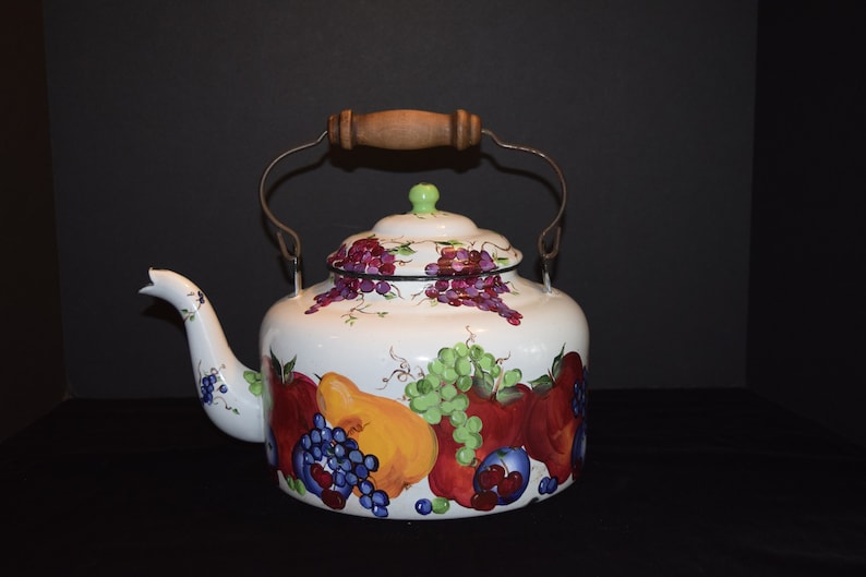 Pears Cherries Vintage Country Folk Art Kitchenware Plums Enamel Teapot with Hand Painted Fruit Country Enamelware Grapes Apples