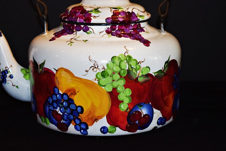 Pears Cherries Vintage Country Folk Art Kitchenware Plums Enamel Teapot with Hand Painted Fruit Country Enamelware Grapes Apples
