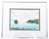 Painting Original Watercolor Small Simple Pacific Northwest Waterside Scene Blue Green Foggy Signed Framed