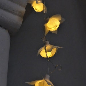 May include: A string of white paper flower lights with warm white LED bulbs. The lights are hanging from a white ceiling and are casting a warm glow.
