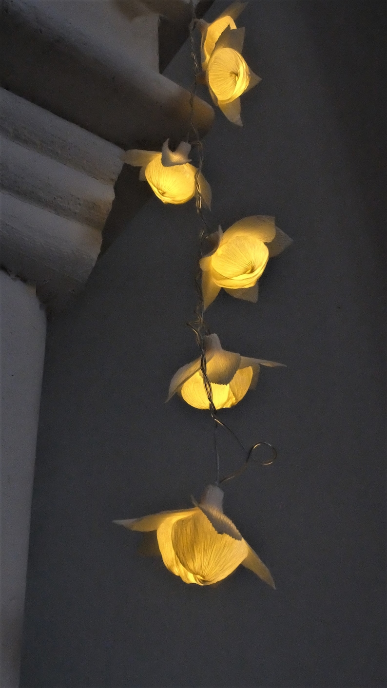 May include: A string of white paper flower lights with warm white LED bulbs. The lights are hanging from a white ceiling and are casting a warm glow.