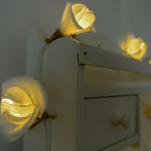 Fairy light garland, White Wedding lights garland, Wedding decor, Flower garland, Lights garland, White flowers, Home decor.