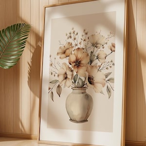 Watercolor Flower in Vase Print: Neutral Beige Botanical Art (Digital Download)