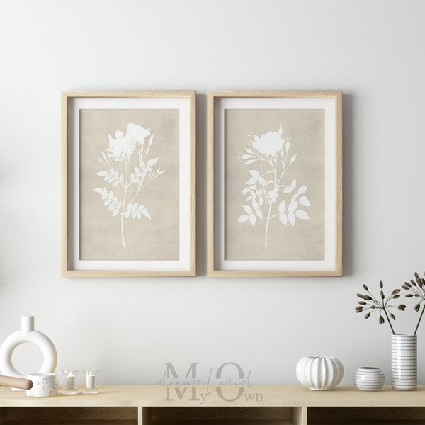 Neutral Wall Art Set of 2, Flower Printable Artwork, Beige Floral Print, Botanical Poster