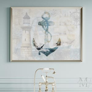 Art mural ancre nautique, impression de paysage côtier, affiche d'ancre de bateau, oeuvre d'art de carte de navigation
