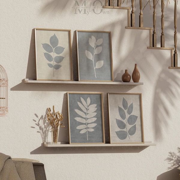 Tan Gray Wall Art, Set of 4 Digital Prints of Leaves, Brown Gray Art Decor, Rustic Leaves Poster