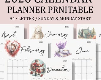 May include: Printable 2026 calendar with watercolor illustrations for each month. The calendar includes A4 and Letter sizes, with Sunday and Monday start options. Months include January, February, April, June, August, and December.