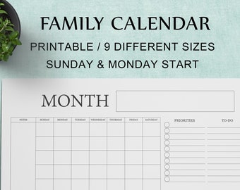 Calendario familiar imprimible: Planificador mensual del hogar, horario familiar, hoja de organización