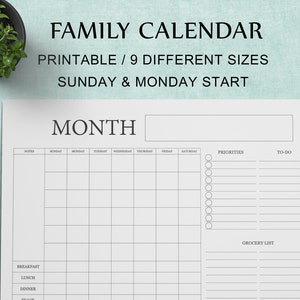 Afdrukbare gezinskalender, maandelijkse gezinskaart, gezinsplanner wandkalender, gezinsweekplanner, gezinsactiviteiten