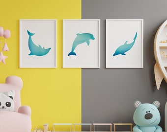 Dolphin Wall Art Watercolor, Set of 3 Sea Animal Prints, Blue Dolphin Printable Art, Nursery Poster Animal